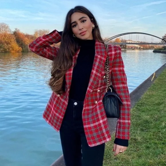 NWOT ZARA Red Plaid Tweed Double Breasted Blazer - Picture 2 of 8